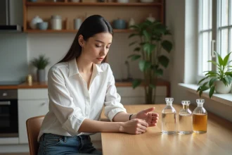 Jeune femme testant des parfums dans sa cuisine moderne