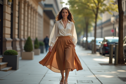 Femme élégante marche dans la ville avec style