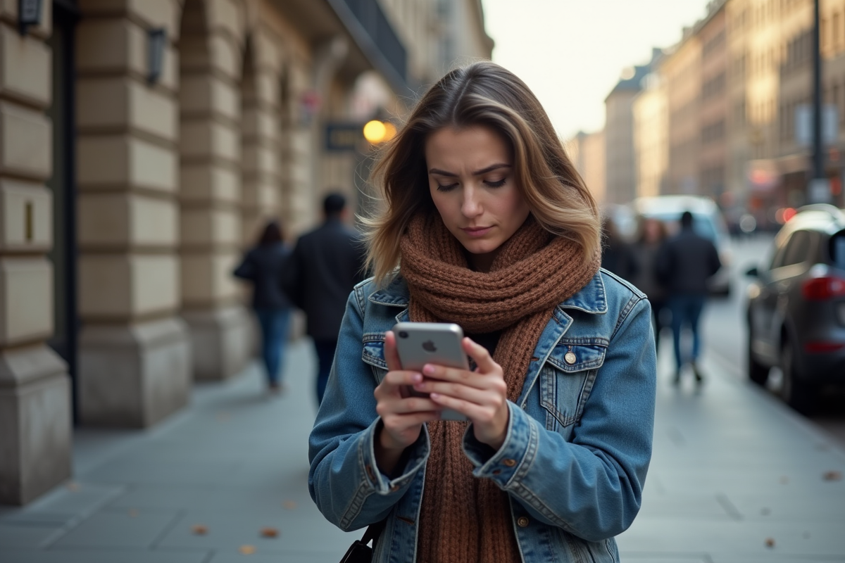 Jeune femme dans la rue examinant sa coupe de cheveux