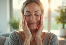 Femme pratiquant le yoga facial dans un salon lumineux