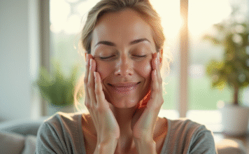 Yoga du visage : temps effet, bénéfices et pratique conseillée Femme pratiquant le yoga facial dans un salon lumineux
