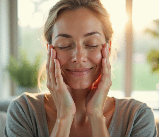 Femme pratiquant le yoga facial dans un salon lumineux