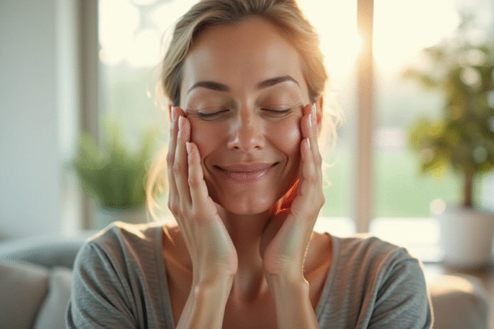 Femme pratiquant le yoga facial dans un salon lumineux