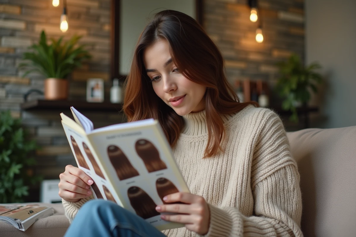 Jeune femme regardant un lookbook dans un salon cosy