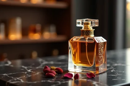 Flacon de parfum de luxe en cristal taillé avec bouchon doré sur marbre noir, entouré de pétales de rose séchés et de copeaux de bois d'oud brut