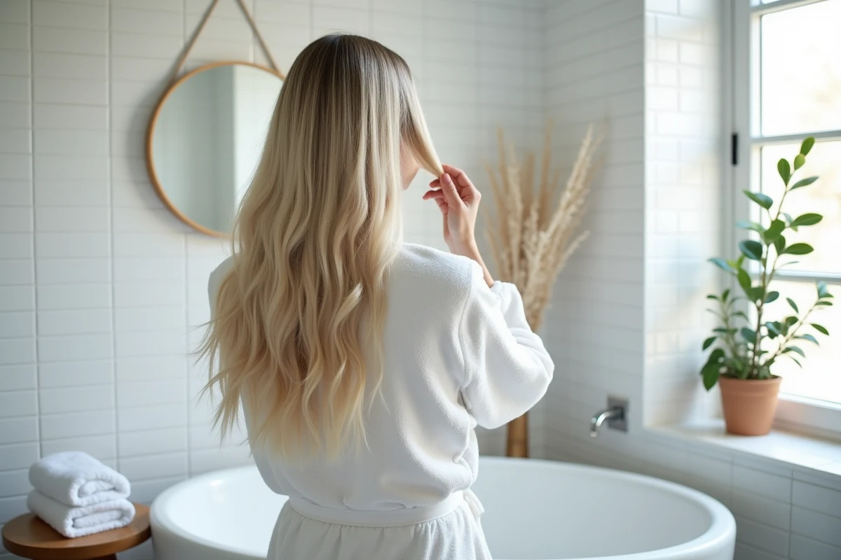 Femme blonde aux mèches cendres platine dans une salle de bain minimaliste, découvrant son flash coiffeur après application