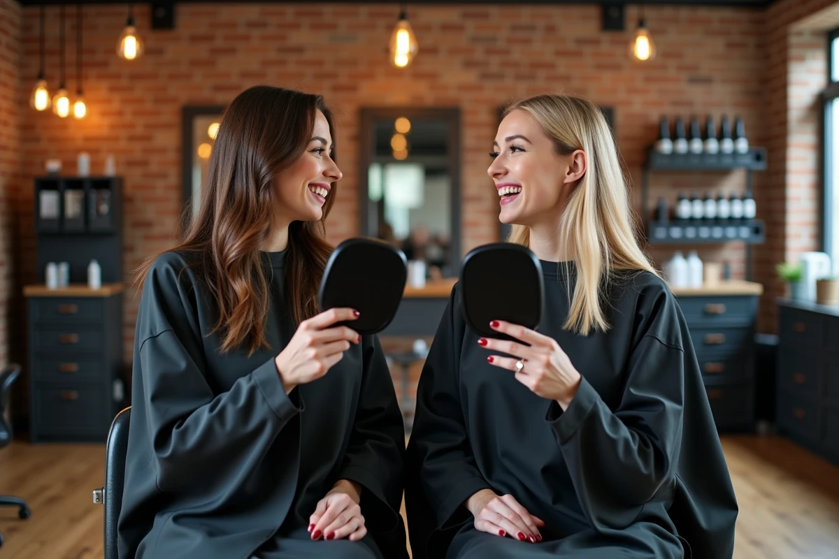 Deux femmes brune et blonde comparant leurs résultats de flash coiffeur dans un salon de coiffure contemporain au style industriel