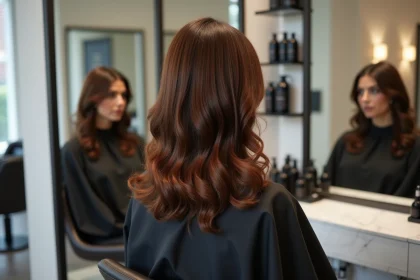 Femme brune aux reflets caramel assise dans un fauteuil de salon de coiffure moderne, examinant son flash coiffeur dans un miroir