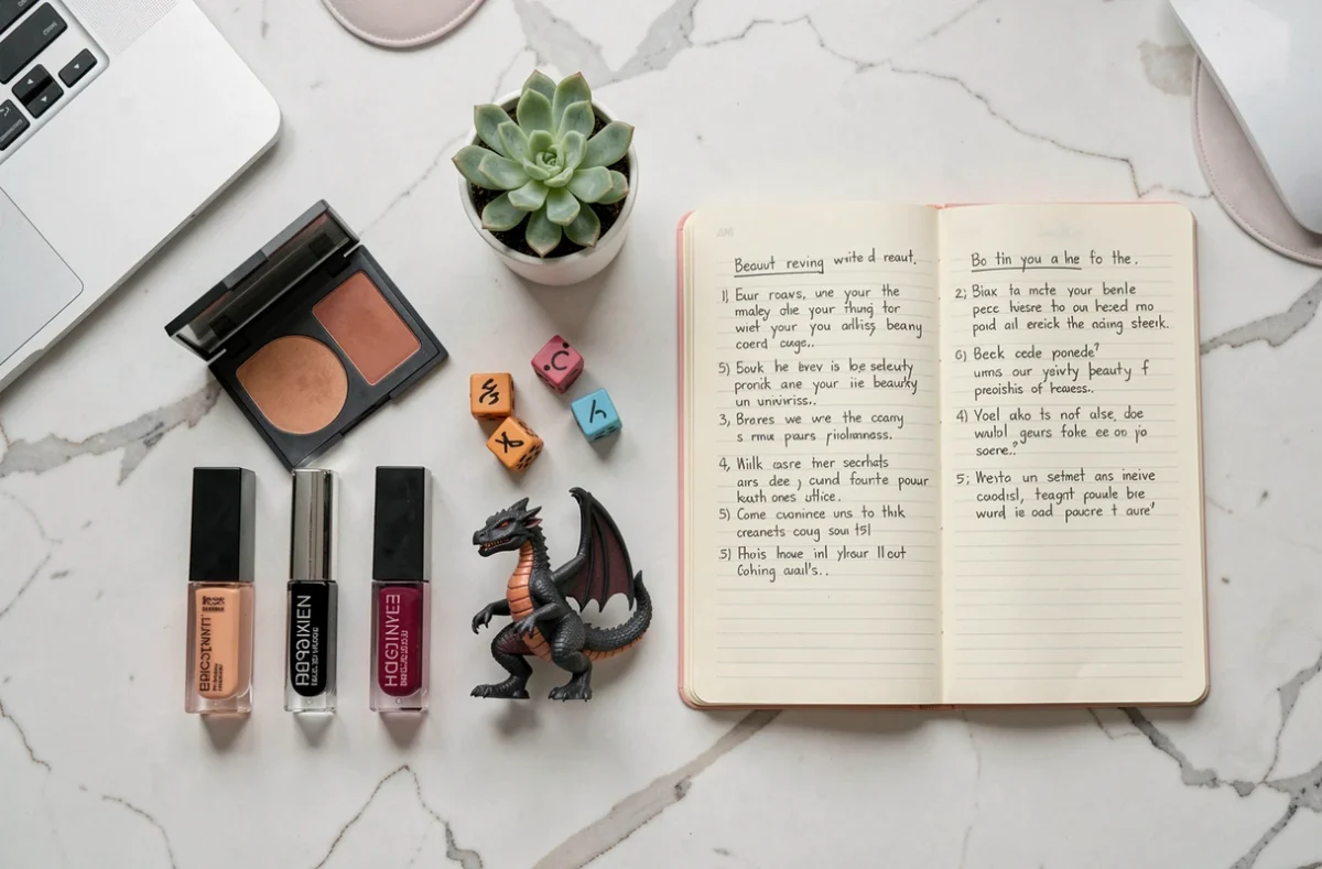 Flat lay mêlant produits de beauté makeup et accessoires geek comme des dés et figurines sur surface marbre