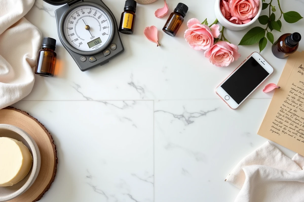 Flat lay d'ingrédients naturels pour cosmétiques DIY avec un code promo affiché sur smartphone, vue de dessus sur marbre blanc