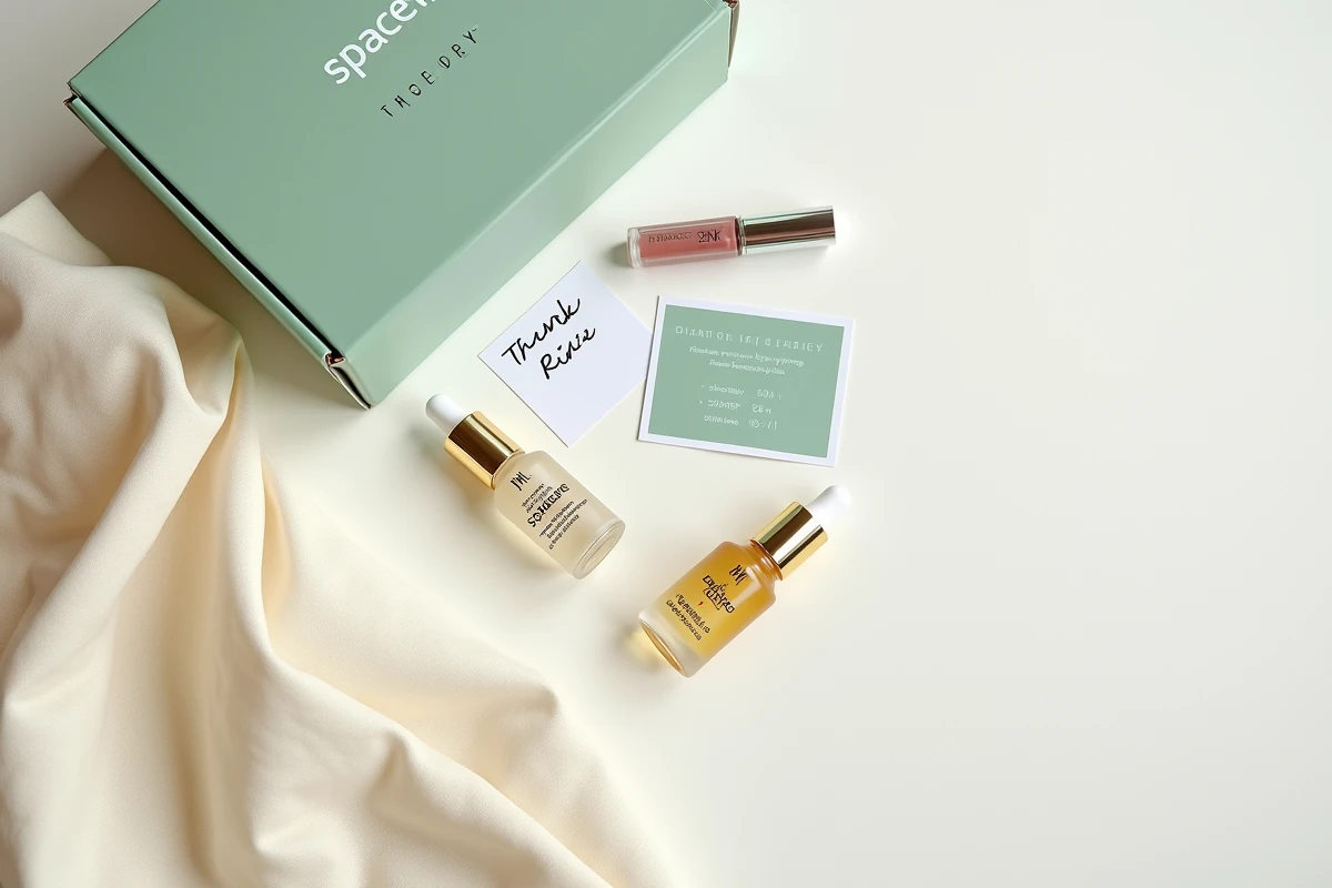 Flat lay de produits beauté et cadeaux Space NK avec emballage premium sur fond lin