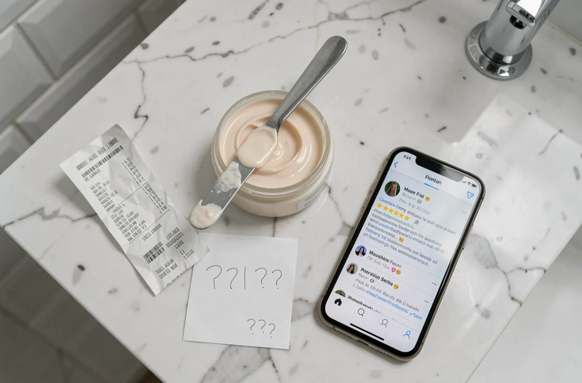 Flat lay de produit de soin Nuvaskin ouvert avec reçu froissé et avis négatif affiché sur smartphone