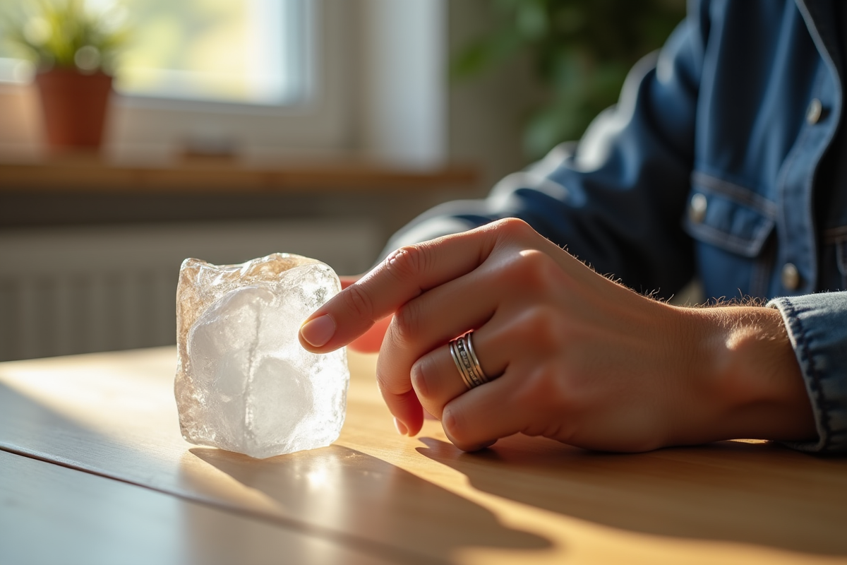 Main avec anneau de mariage et glaçon contre doigt au jour lumineux