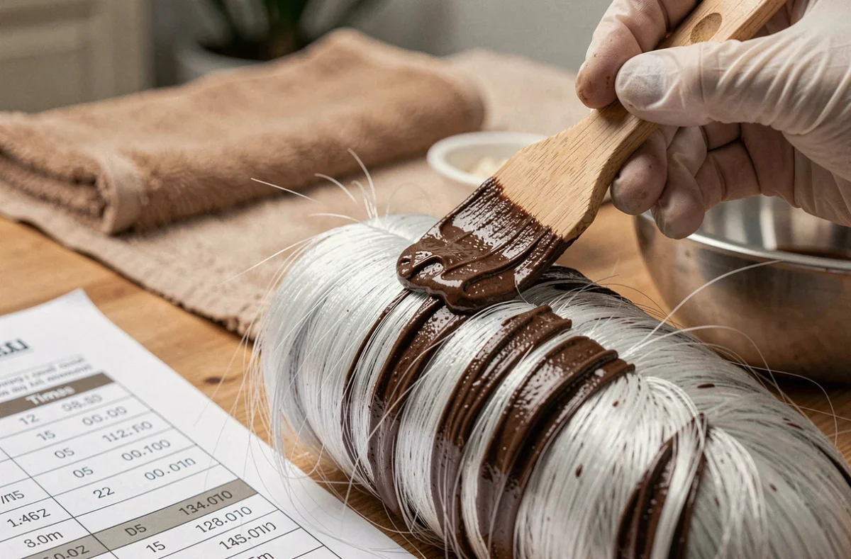 Gros plan sur des mèches de cheveux blancs recouvertes de pâte de henné marron foncé, main gantée tenant une spatule en bois lors de l'application
