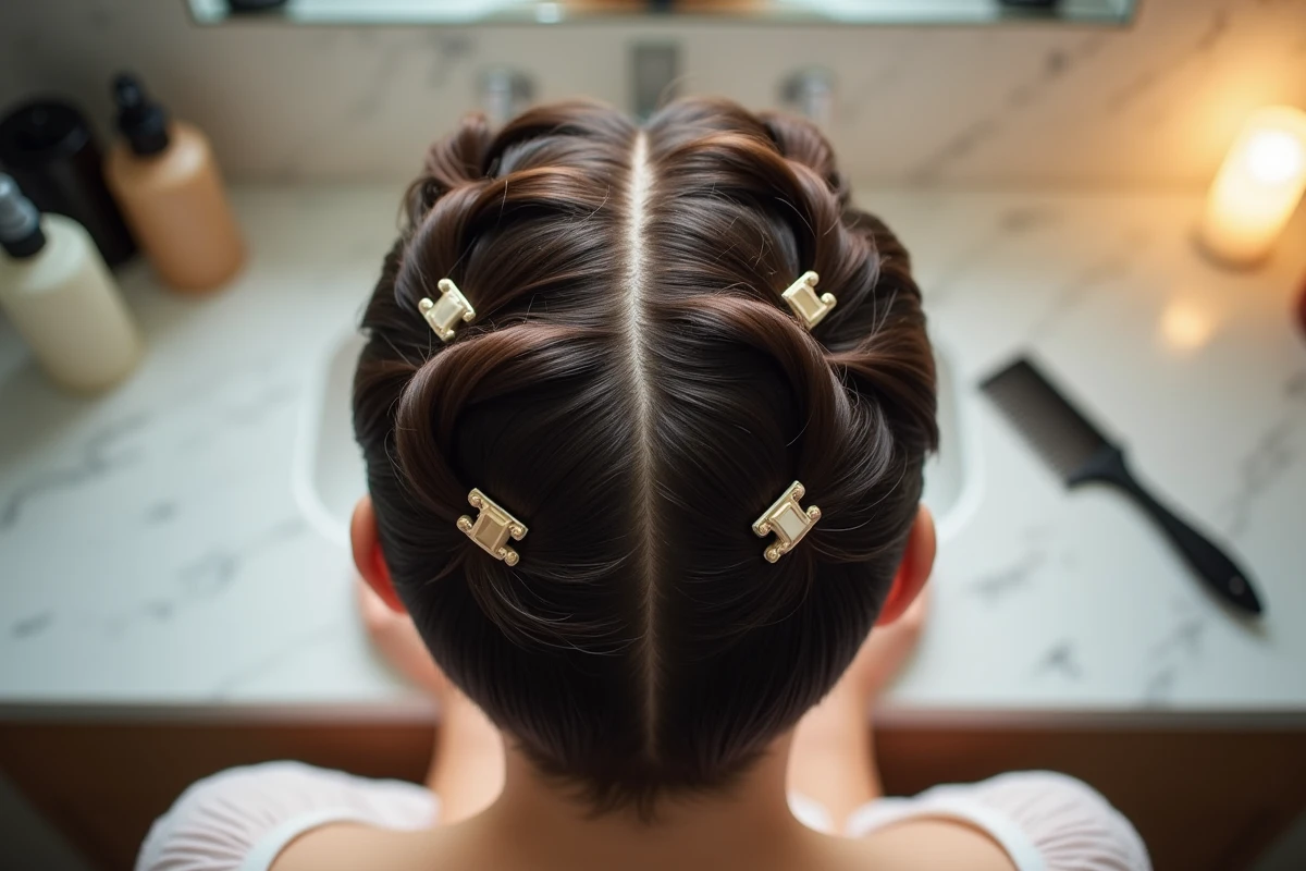 Gros plan sur une mini vague réalisée sur cheveux courts et fins avec des pinces de mise en plis sur marbre blanc