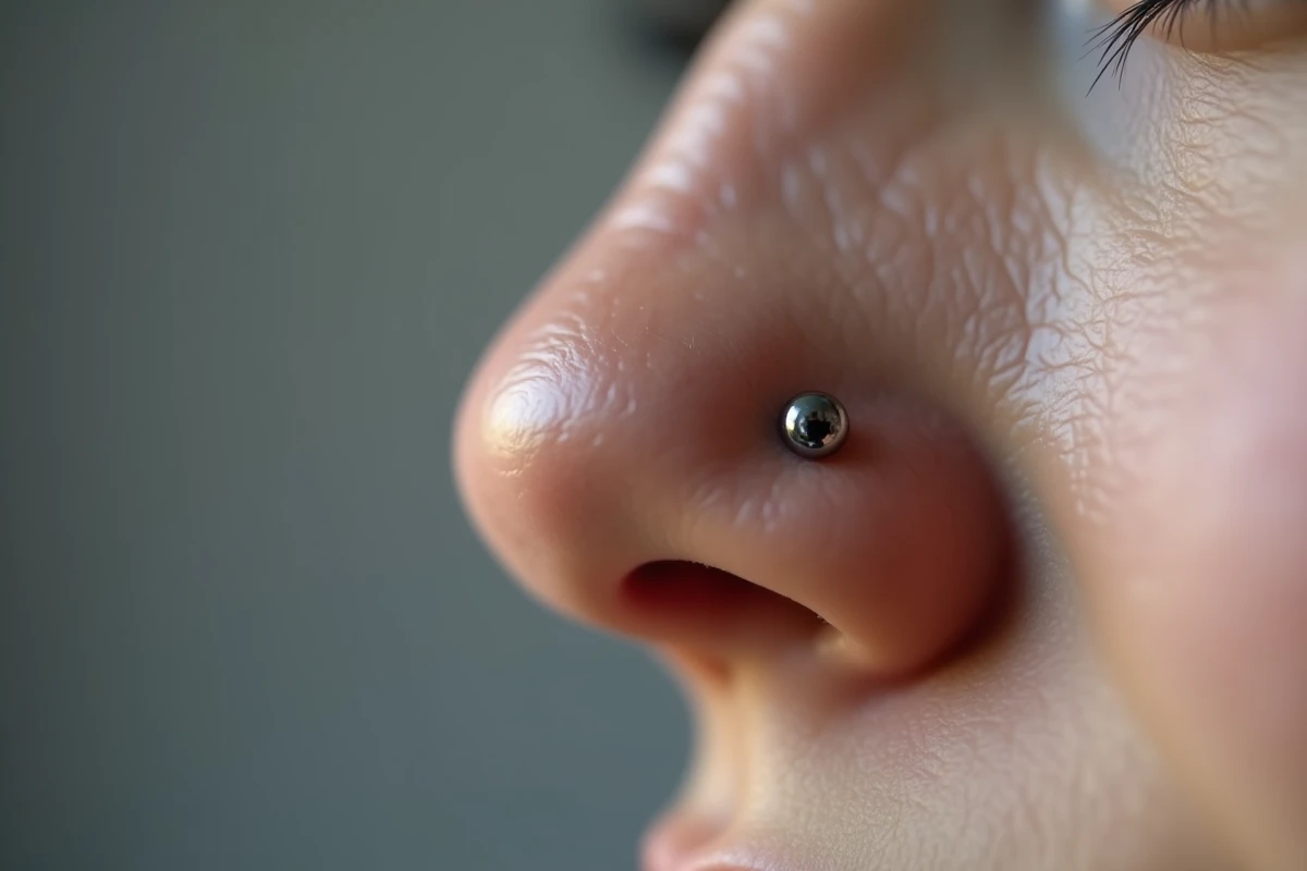 Gros plan d'un piercing nez en titane montrant des signes de rejet avec migration visible sous la peau