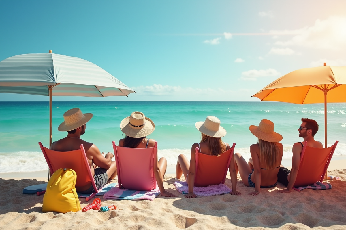 Groupe d amis sous parasols colorés sur la plage ensoleillee