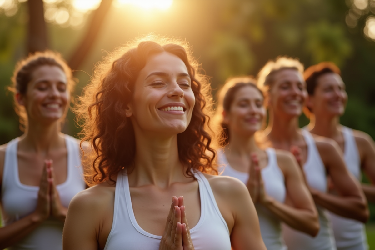 Groupe de personnes faisant du yoga facial en extérieur