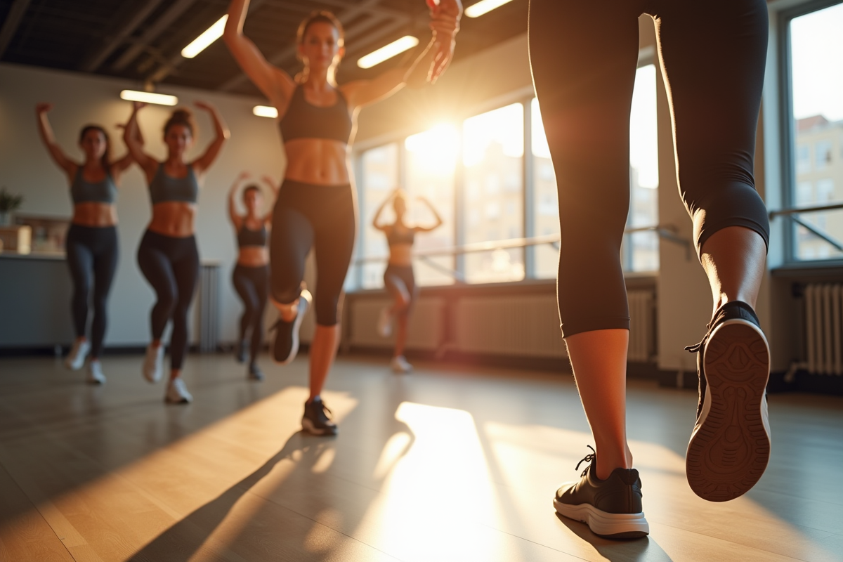 Groupe de femmes faisant des exercices jambes dans une salle lumineuse