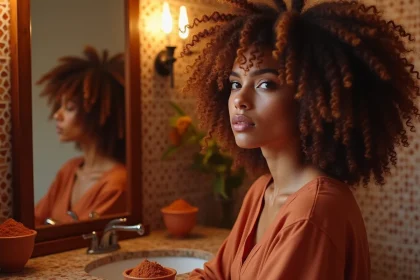 Femme aux cheveux bouclés traités au henné colorant, mettant en valeur des boucles définies aux reflets acajou naturels
