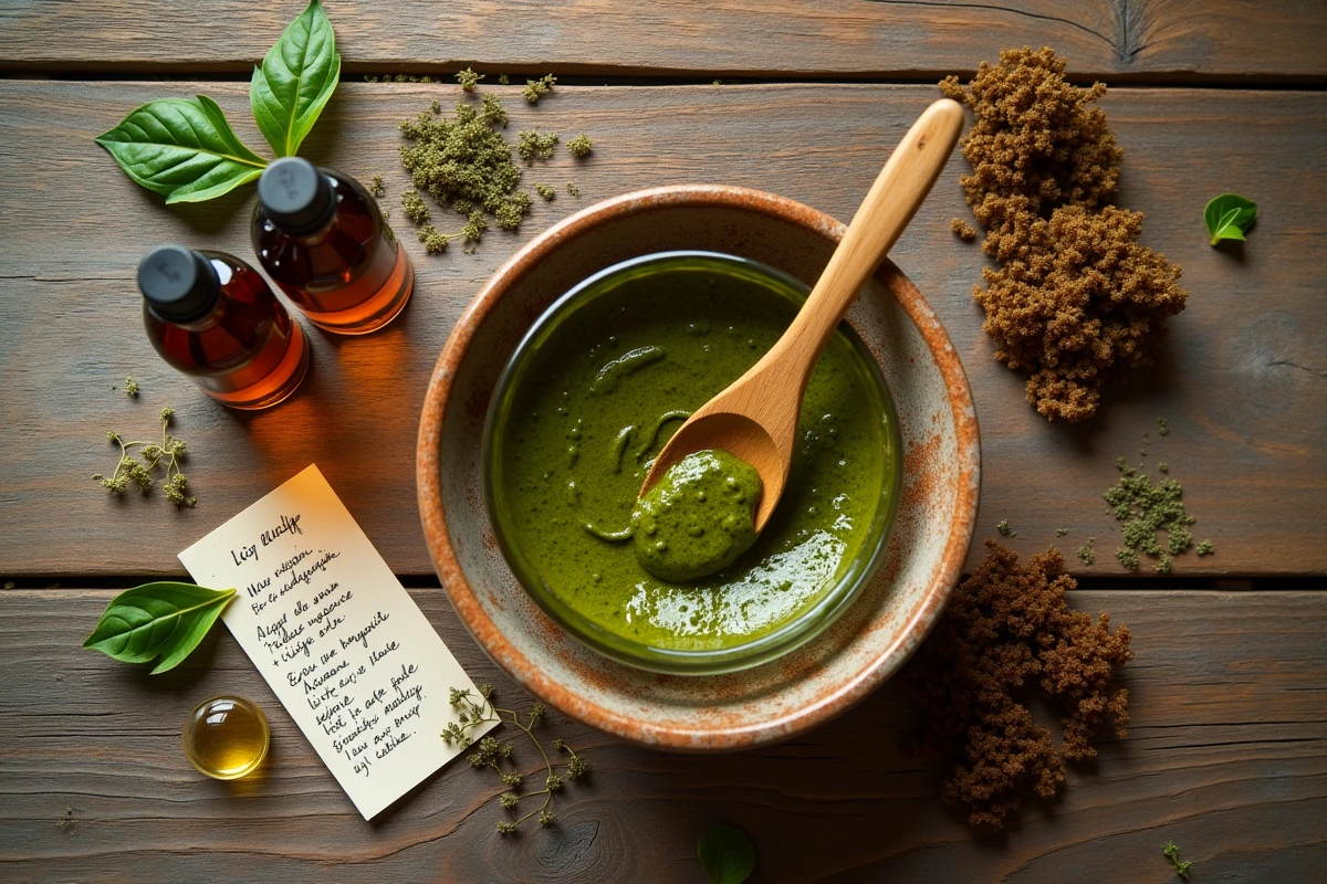 Planche de présentation du henné colorant avec pâte fraîche, huiles végétales et mèche de cheveux bouclés illustrant le résultat colorant naturel