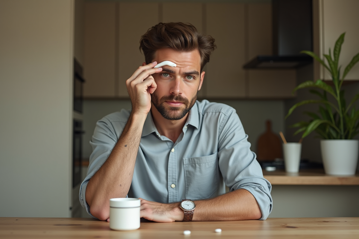 Homme applique une creme sur ses sourcils à la table de cuisine