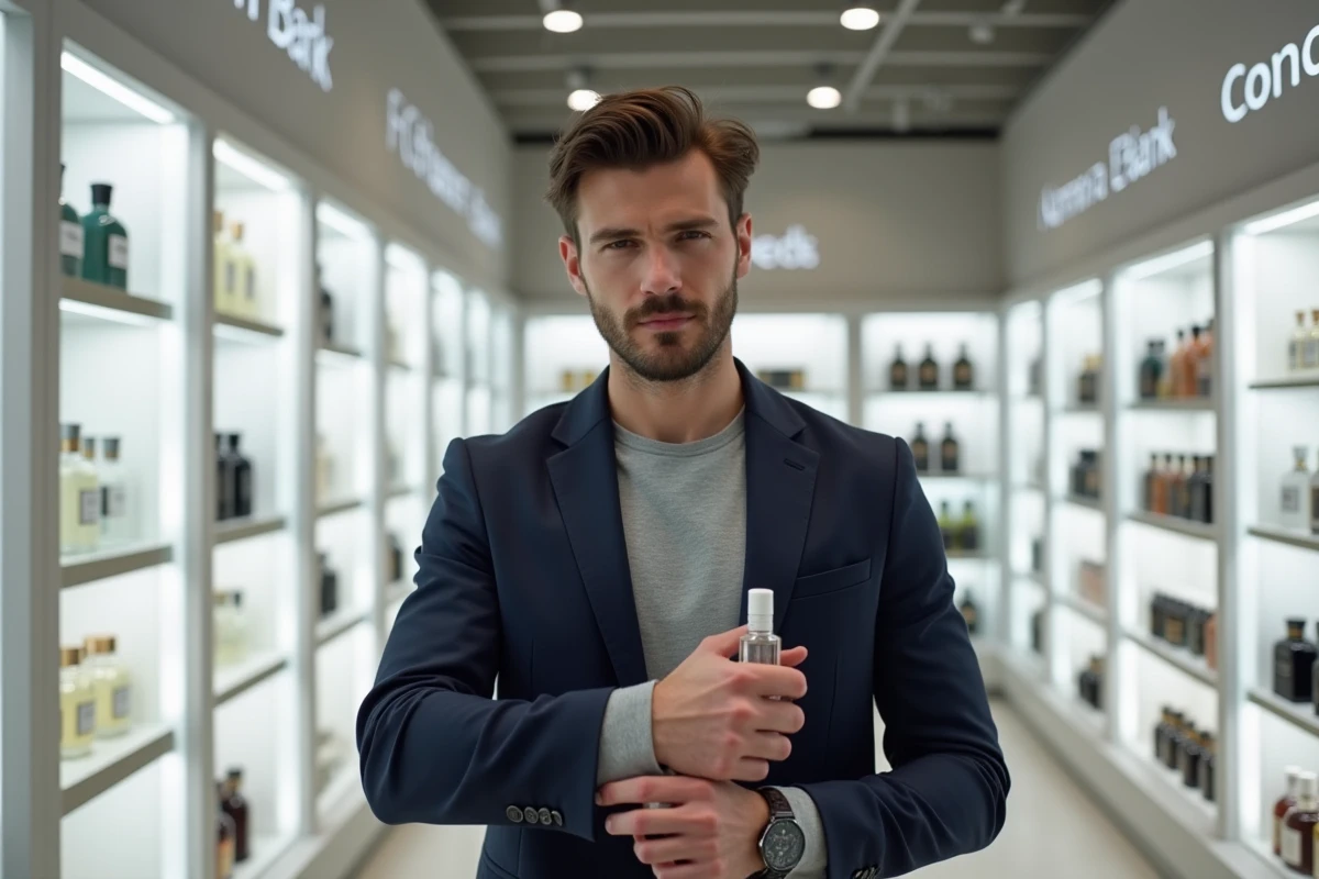 Jeune homme en blazer marine testant un parfum en boutique de luxe, style fragrance dupe abordable 2026
