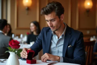 Jeune homme en blazer ouvre une bague de fiançailles