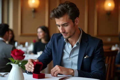 Jeune homme en blazer ouvre une bague de fiançailles