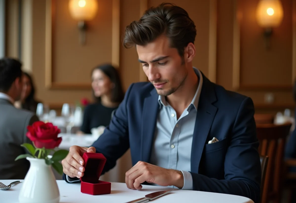 Jeune homme en blazer ouvre une bague de fiançailles