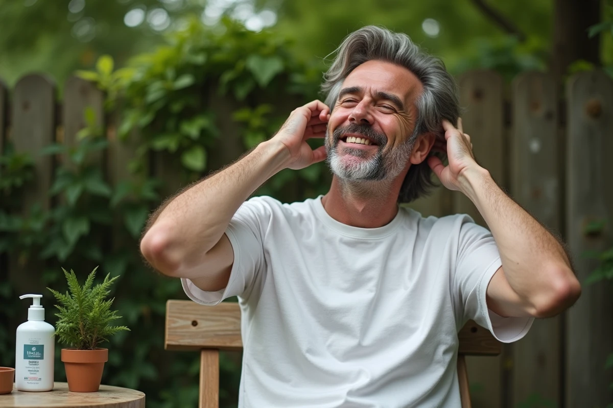 Homme dans un jardin naturel touchant ses cheveux