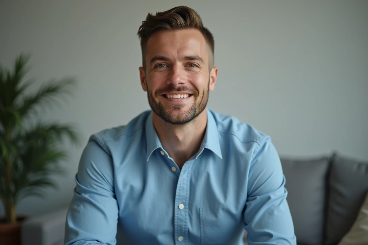 Homme détendu avec nouvelle coupe de cheveux à la maison