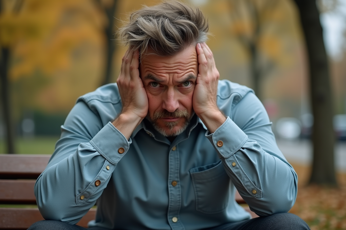 Homme d age moyen aux cheveux gras assis en plein air