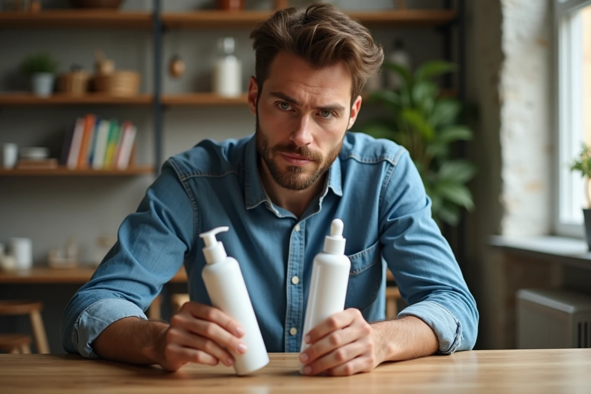 Homme compare deux produits de soin dans un intérieur cosy