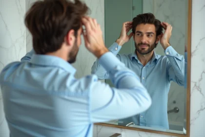 Homme se coiffant devant un miroir dans une salle de bain moderne