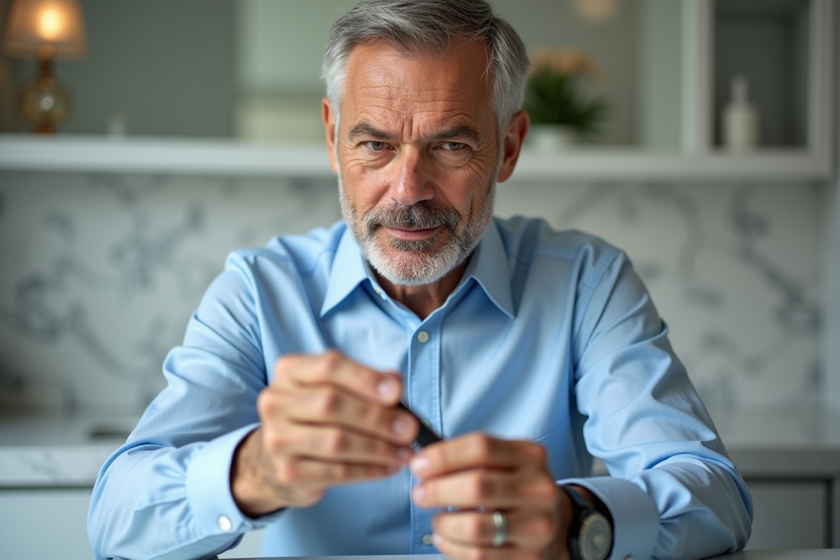 Homme examinant un stick de concealer dans sa salle de bain