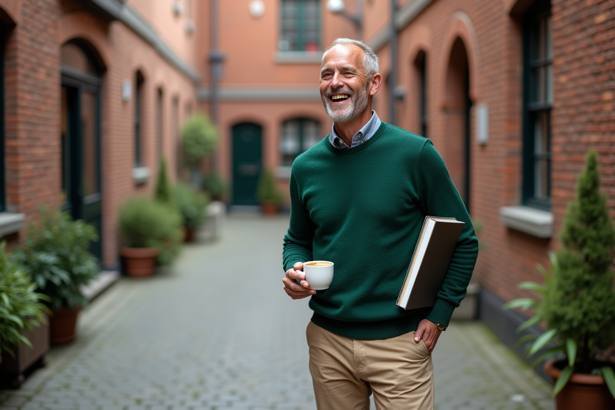 Homme en pull vert dans une cour en pierre avec plantes