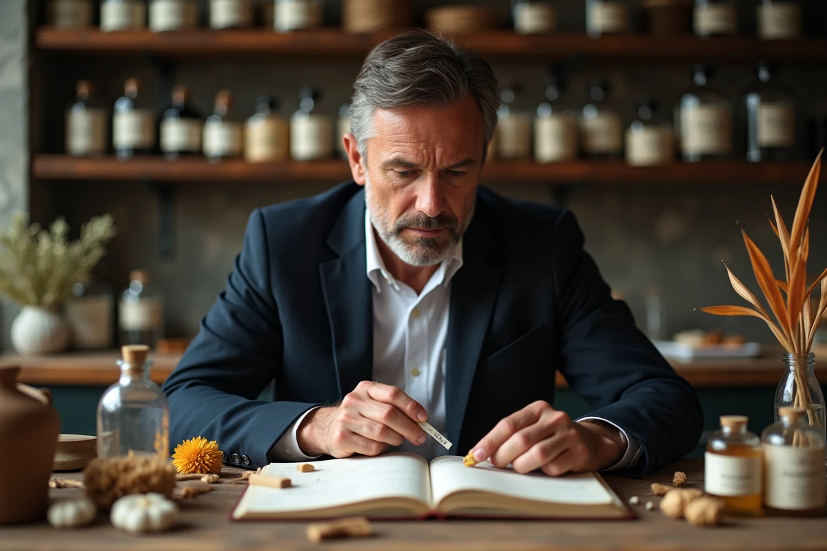 Homme analysant des matières premières olfactives dans un laboratoire de parfumerie artisanale