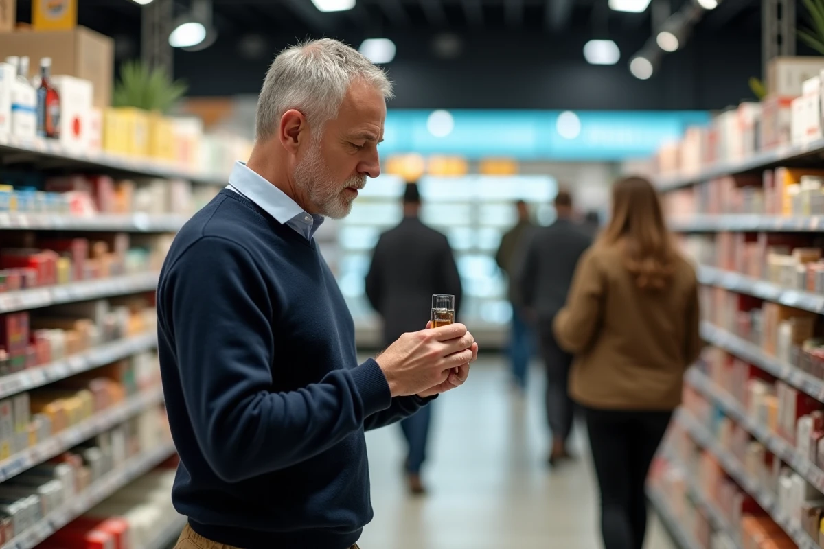 Homme explorant les parfums en supermarche