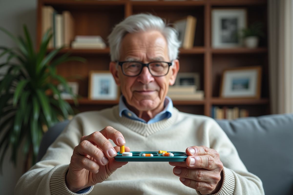 Homme âgé tenant un organisateur de médicaments