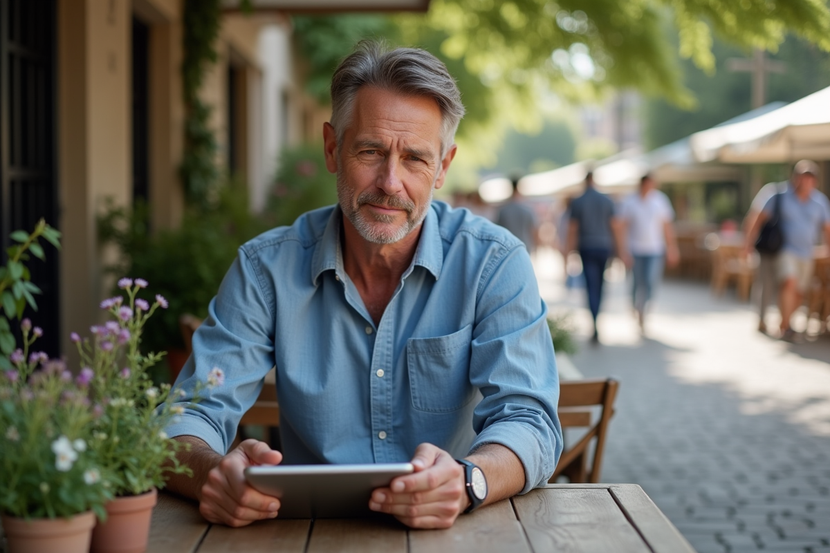 Homme lisant un rapport sur les tendances beauté durables en terrasse