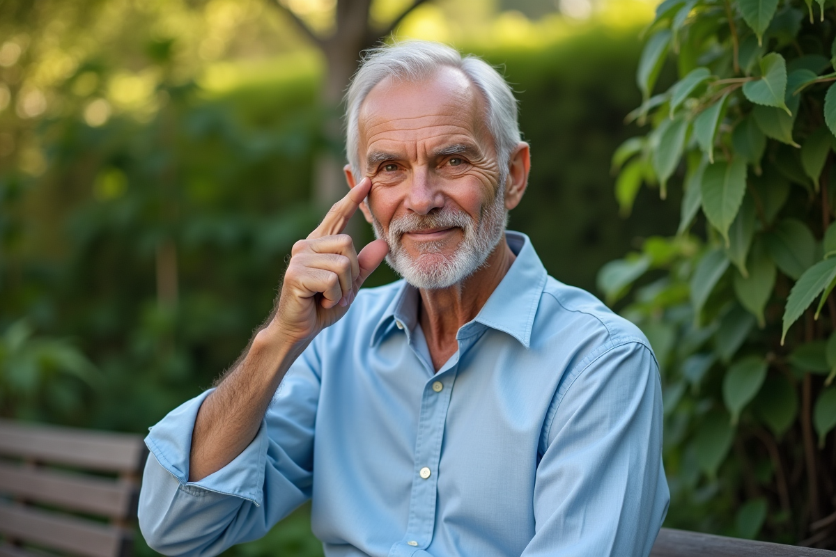 Homme en jardin matin utilisant ses doigts pour le visage