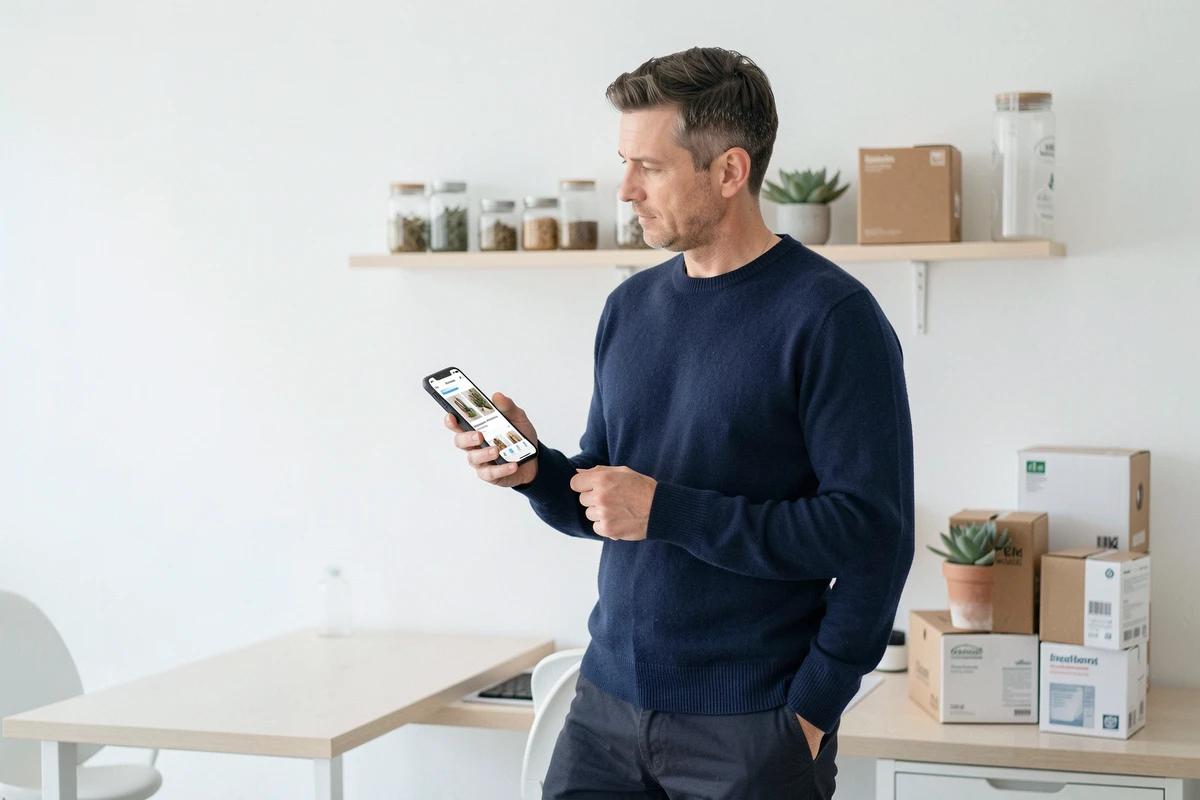Homme consultant une offre Zaturelle sur smartphone dans un bureau minimaliste avec produits naturels