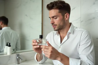 Homme élégant tenant un flacon de parfum minimaliste sur un comptoir en marbre blanc, style dupe luxe abordable
