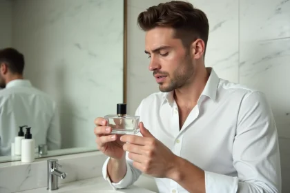 Homme élégant tenant un flacon de parfum minimaliste sur un comptoir en marbre blanc, style dupe luxe abordable