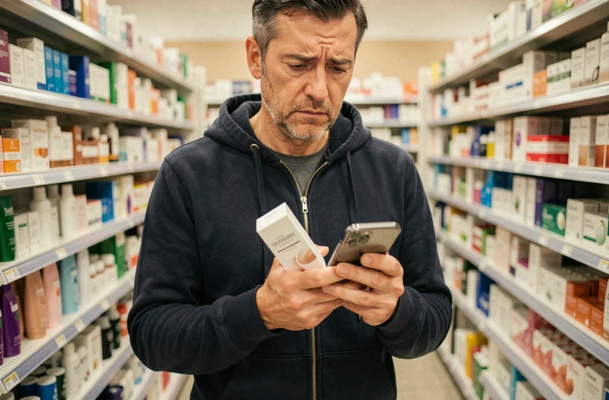 Homme en pharmacie tenant un produit Nuvaskin et consultant des avis négatifs sur son smartphone