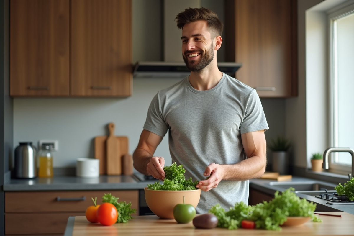 Homme préparant une salade dans une cuisine moderne