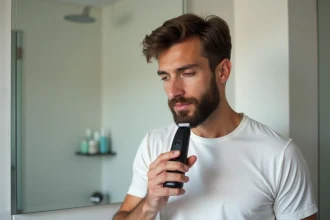 Homme se taillant la barbe avec un rasoir électrique compact dans une salle de bain moderne