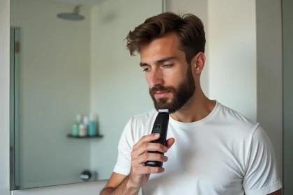 Homme se taillant la barbe avec un rasoir électrique compact dans une salle de bain moderne