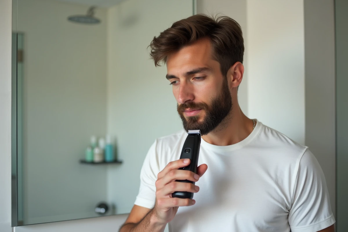 Homme se taillant la barbe avec un rasoir électrique compact dans une salle de bain moderne